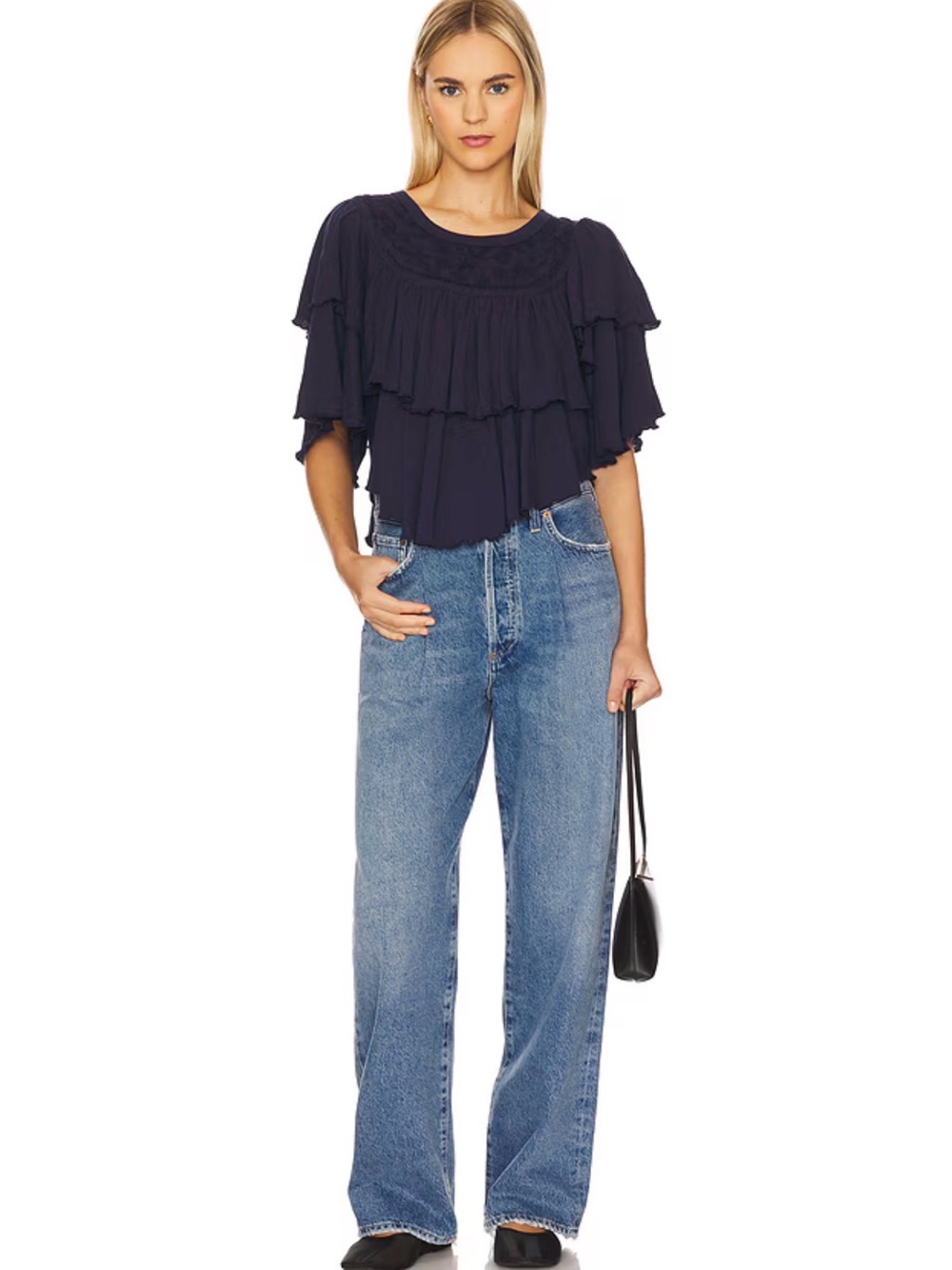 NWT Free People Rose Party Tee Small Navy Embroidered Ruffle Boho Cotton - Picture 4 of 5